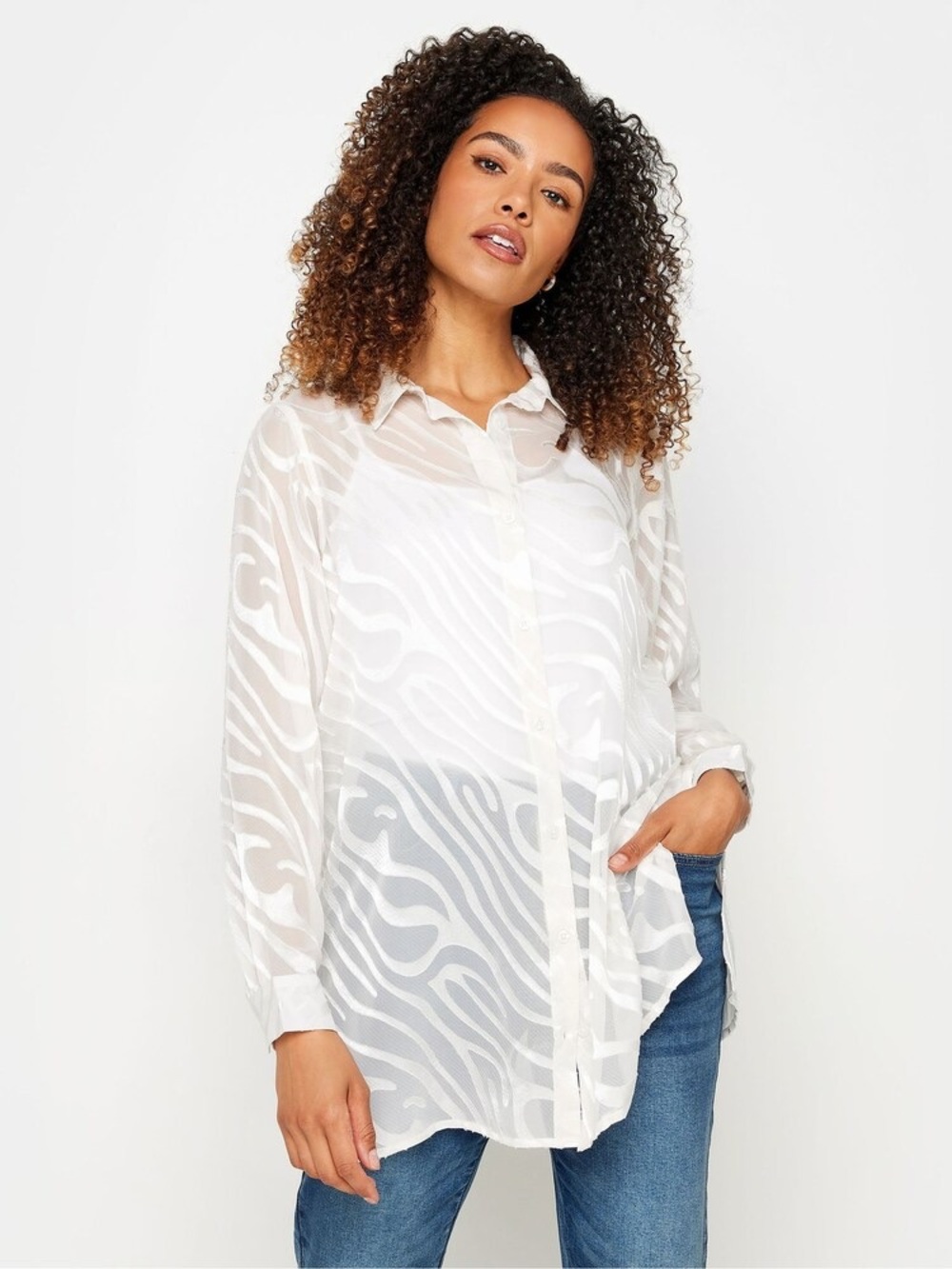 Cleo Sheer Zebra Print Long Button Up Blouse